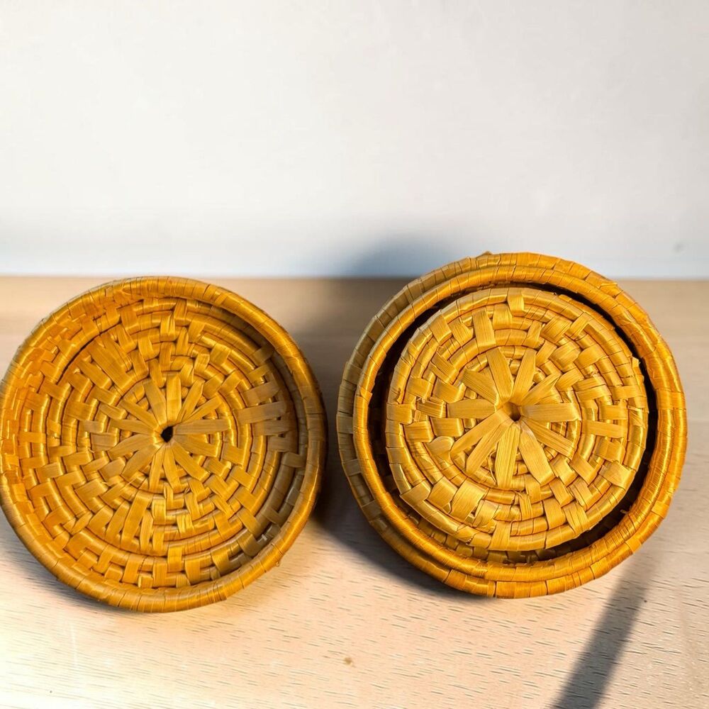 Vintage Woven Rattan Coaster Set with Holder 7 Piece Boho Coasters